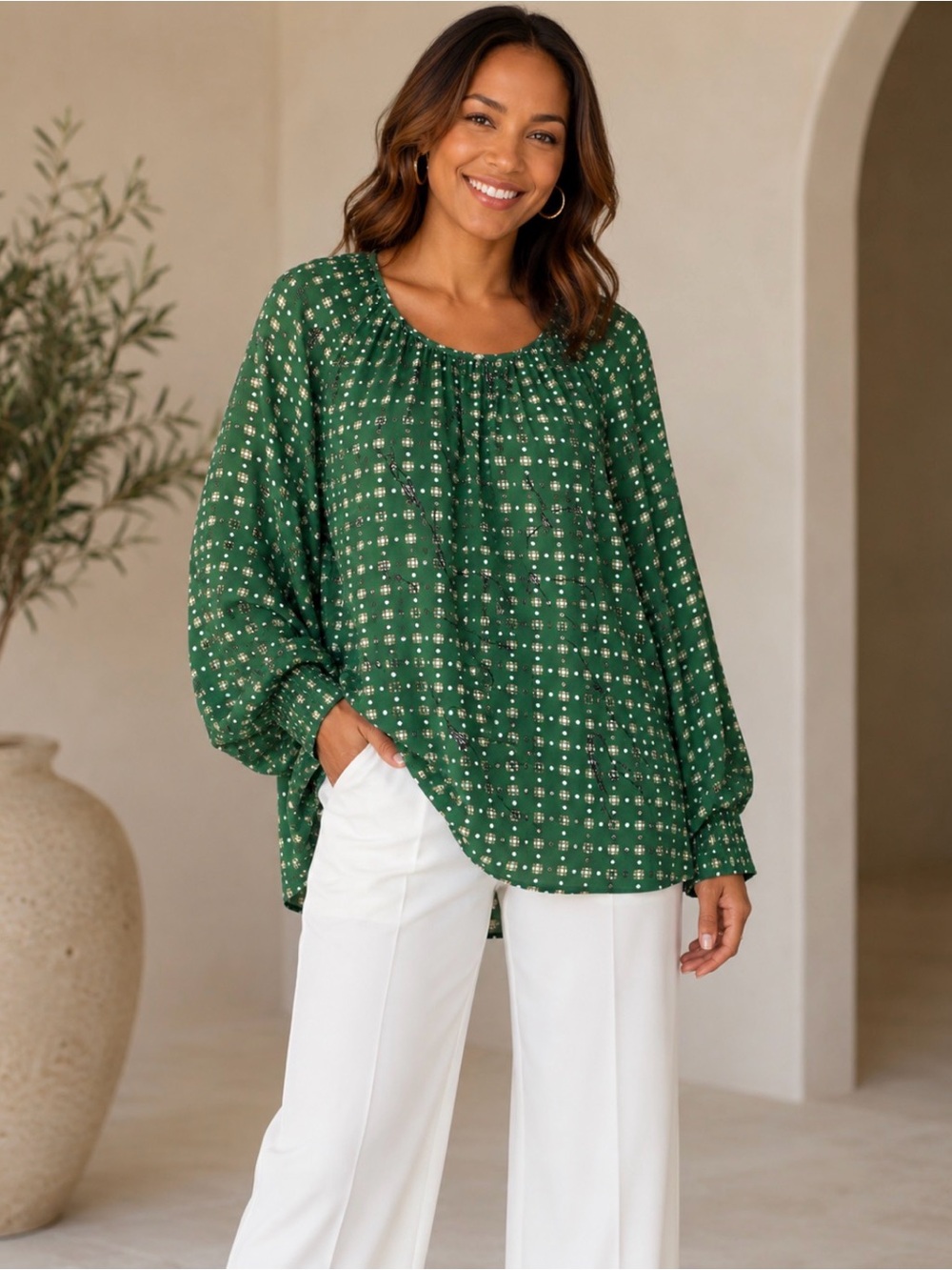 Cabi Women's Long Sleeve Blouse Green Voyage Lightweight S Med Puff Sleeves NWOT